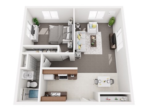A top-down view of a small, neatly organized apartment with a kitchen, living room, and bedroom.